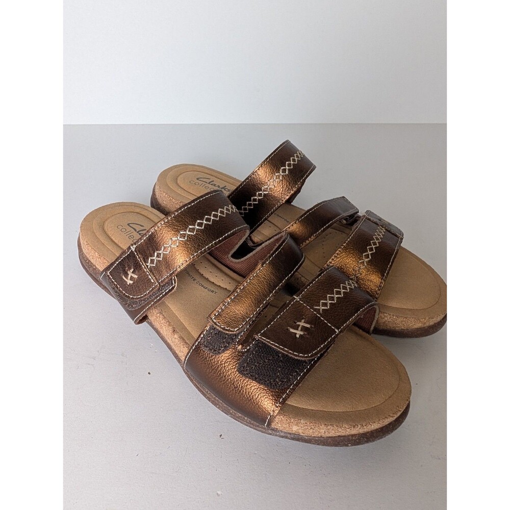 Clarks Sandals Womens 8 Leather Slide Comfort Shoe Roseville Bay Metallic Bronze